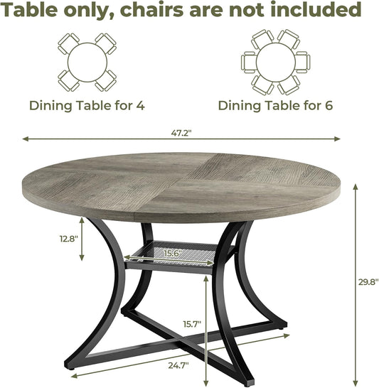 47.2" round Dining Table for 4, Wood Kitchen Table with Storage Shelf for Dining Room, Dinner Table with Wooden Tabletop and Metal Base, Gray