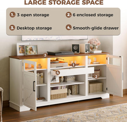 65.8" Farmhouse TV Stand for 60/65/70 Inch Tvs, Tall Entertainment Center with LED Lights & Power Outlet, Media Console with Storage Cabinets & Adjustable Shelves for Living Room, White