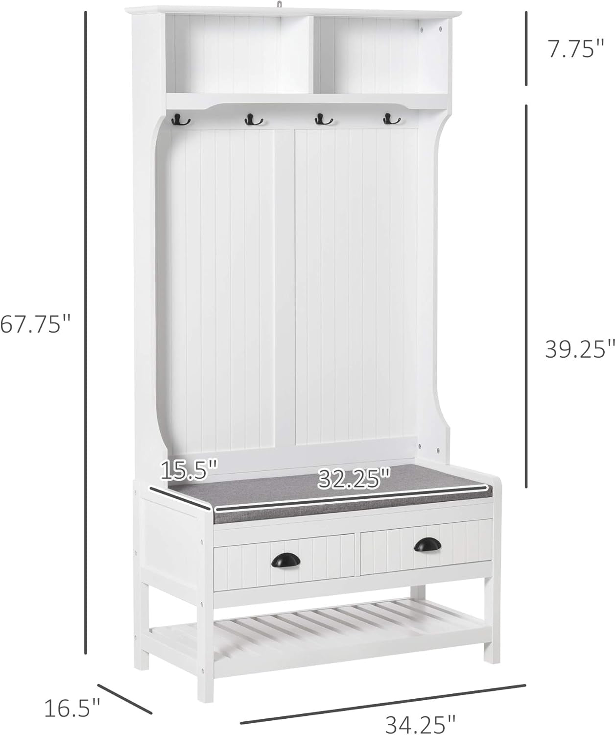 3-In-1 Hall Tree, Entryway Bench with Coat Rack, Mudroom Bench with Shoe Rack, 2 Storage Drawers, 4 Hooks and Padded Seat Cushions for Hallway, White