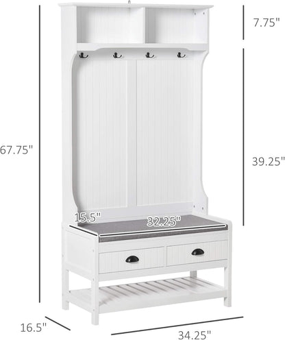 3-In-1 Hall Tree, Entryway Bench with Coat Rack, Mudroom Bench with Shoe Rack, 2 Storage Drawers, 4 Hooks and Padded Seat Cushions for Hallway, White