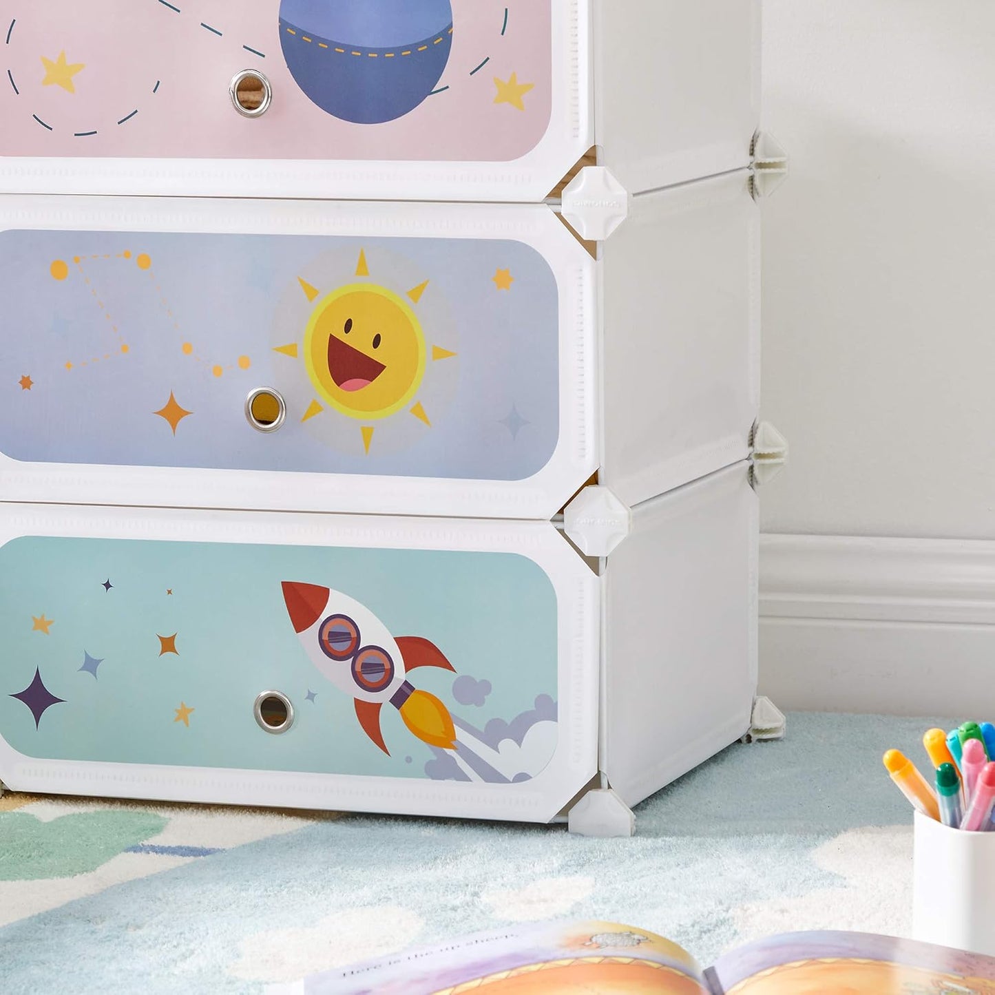 Kids' Shoe Rack with Doors, 6-Slot Stackable Storage Organizer, Plastic Wardrobe, Toys, Books, Clothes, 12.2 X 16.9 X 41.3 Inches, Cloud White ULPC904W01