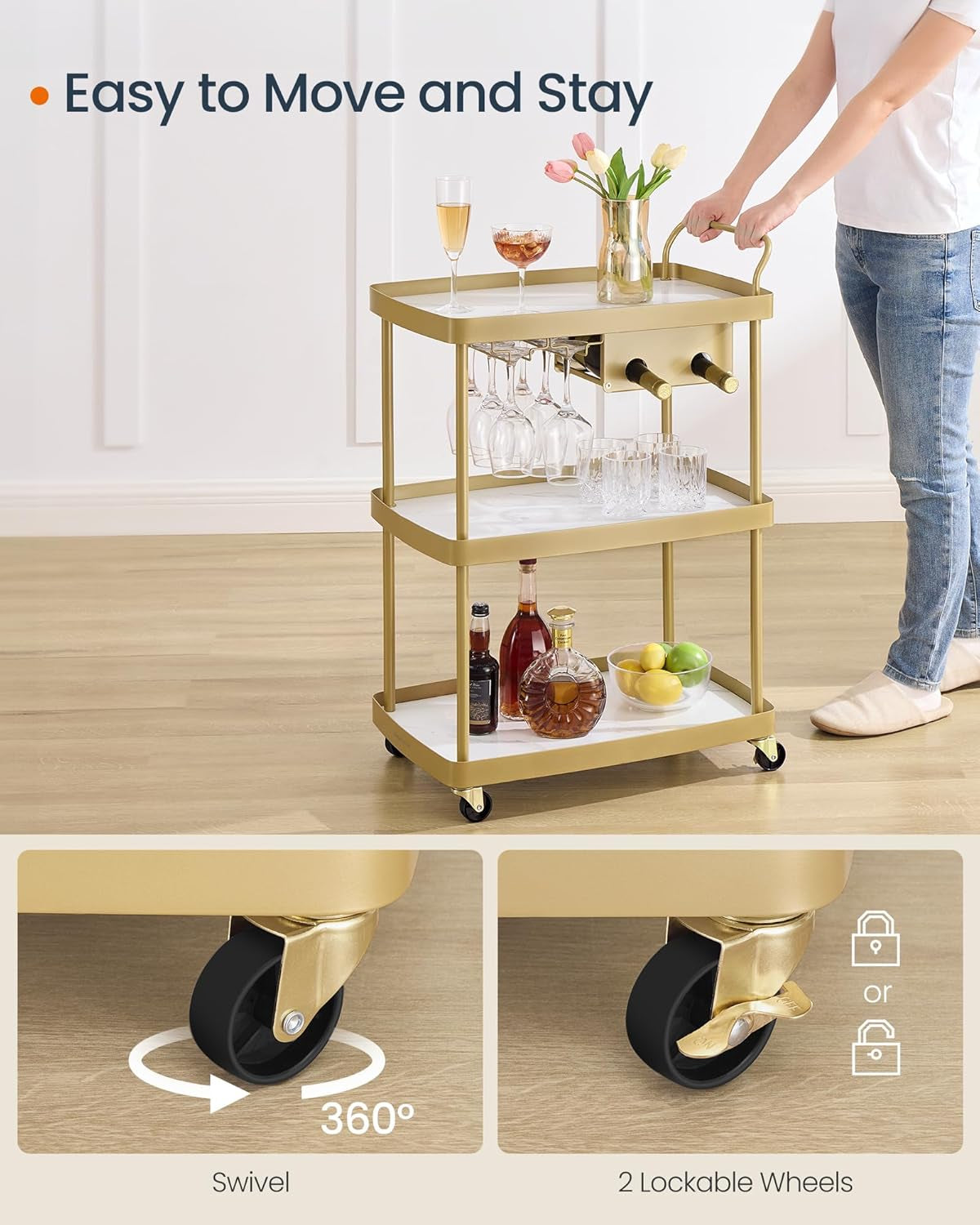 HOME Bar Cart, Home Bar Serving Cart with 3-Tier Shelf, Flexible Wine Bottle Rack and Glass Holder, Drink Beverage Cart, Microwave Cart, Kitchen, Marble White and Pale Gold ULRC291A02