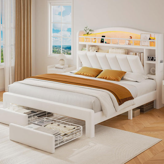Queen Size Bed Frame with LED Storage Headboard & 2 Storage Drawers, Velvet Upholstered Bed with Vertical Tufted Headboard Design, USB & Type-C Charging Ports, Wooden Slats Support, Noise-Free, Beige