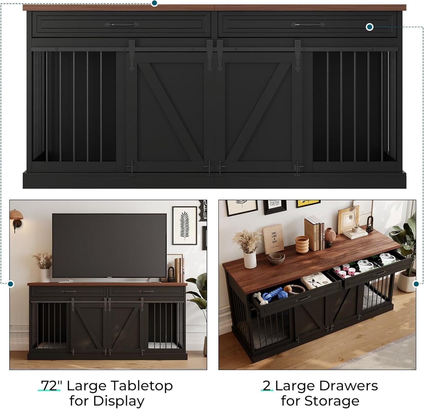 Dog Crate Furniture - Indoor Wooden Dog Kennel Furniture with Double Sliding Barn Doors, 2 Drawers & Room Divider - 72" L X 23.6" W X 34" H - Black