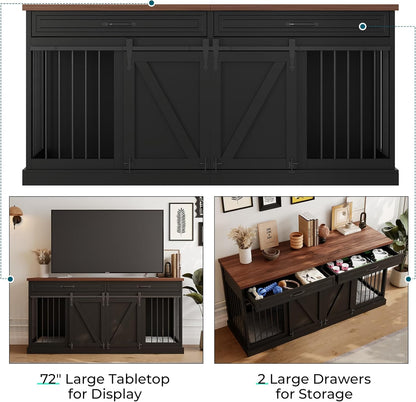 Dog Crate Furniture - Indoor Wooden Dog Kennel Furniture with Double Sliding Barn Doors, 2 Drawers & Room Divider - 72" L X 23.6" W X 34" H - Black