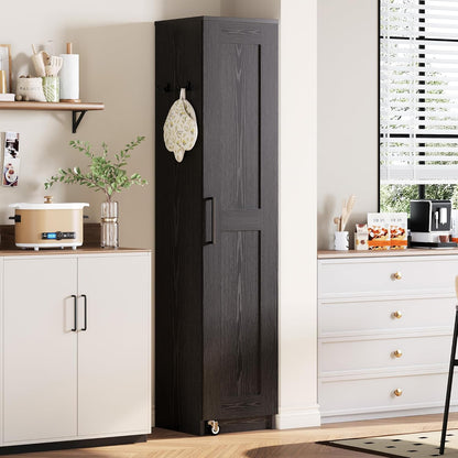 Narrow Kitchen Pantry Storage Cabinet, 72" Slim Single Door with 6 Adjustable Shelves, Door Rack and Wheels, Space Saving Freestanding Storage Floor Cabinet for Small Place, Black