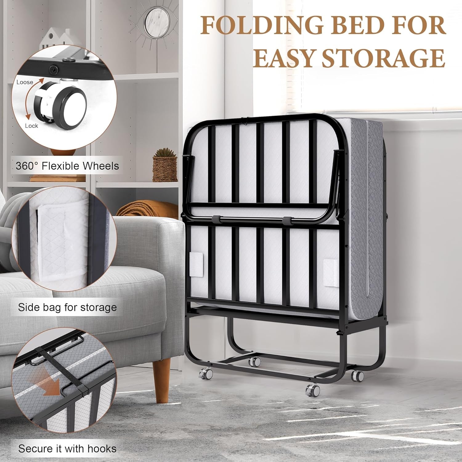 Folding Bed with Memory Foam Mattress, Portable Rollaway Guest Beds on Wheels, 75"X31" Twin Size Space-Saving Cot-Size Bed for Adults with Easy Assembly Metal Frame (White)