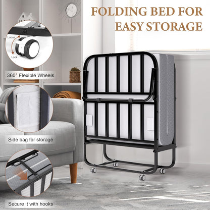 Folding Bed with Memory Foam Mattress, Portable Rollaway Guest Beds on Wheels, 75"X31" Twin Size Space-Saving Cot-Size Bed for Adults with Easy Assembly Metal Frame (White)