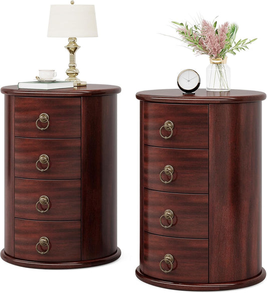 Solid Wood End Table Set of 2, round Side Table with 4 Drawers, Vintage Bedside Table Nightstand for Small Spaces, Living Room, Bedroom, No Assembly Required (2, Cherry Brown)