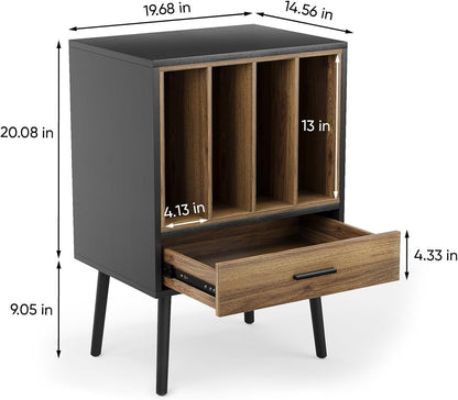 Record Player Stand with Nesting Vinyl Storage Crate, Record Player Table with a Drawer and Solid Wood Legs, Side End Table for Turntables for Living Room Bedroom