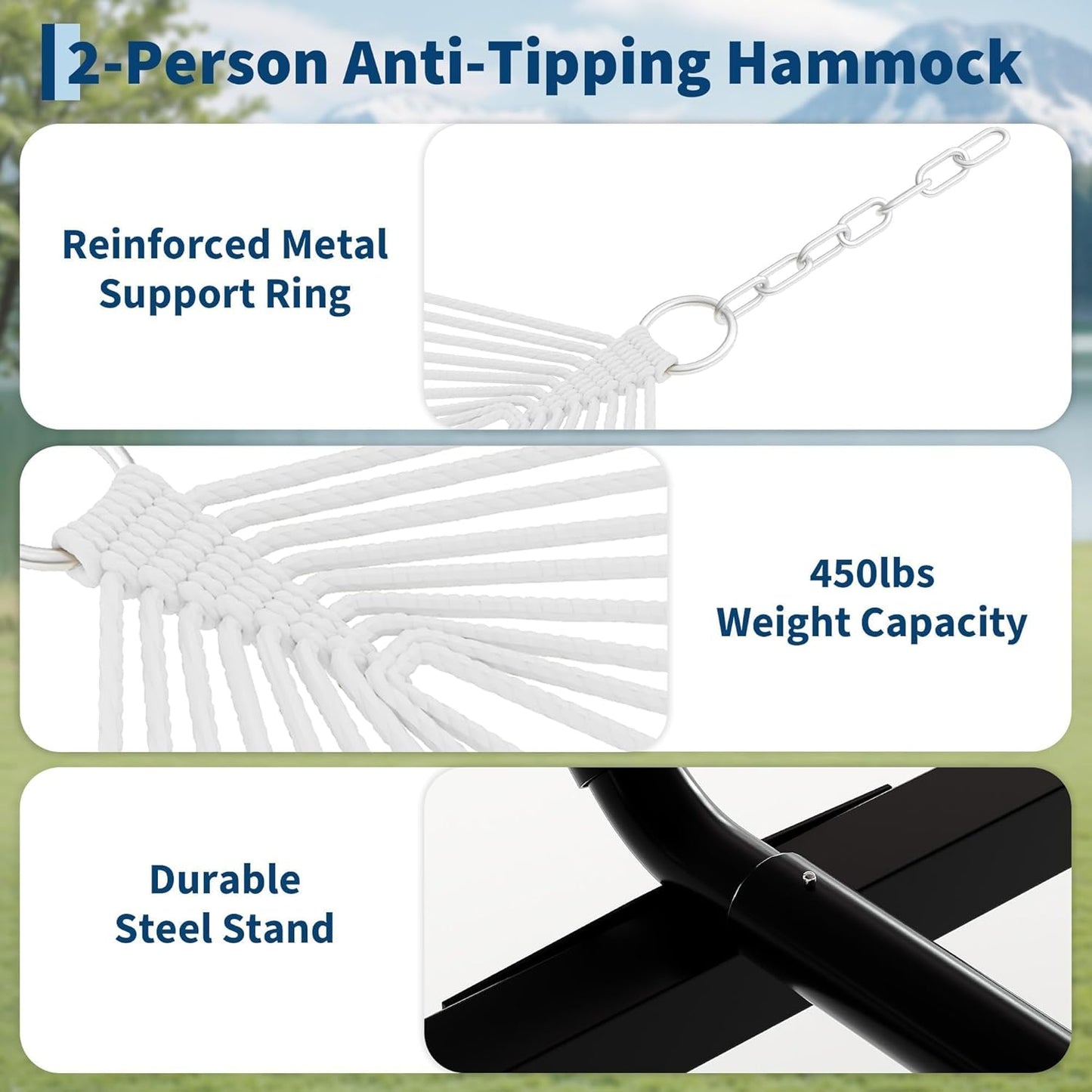 2-Person Hammock with Stand, 450Lbs Weight Capacity, Padded Polyester Fabric & Heavy-Duty Steel Frame, Portable with Carry Bag for Patio Backyard Poolside Garden Camping