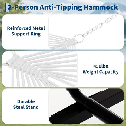 2-Person Hammock with Stand, 450Lbs Weight Capacity, Padded Polyester Fabric & Heavy-Duty Steel Frame, Portable with Carry Bag for Patio Backyard Poolside Garden Camping