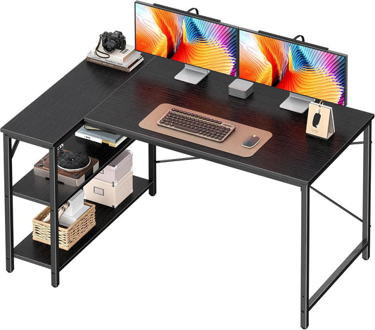 L Shaped Desk, 47 Inches Computer Desk with Reversible Storage Shelves, Gaming Corner Home Office Writing Study with Metal Frame, Black