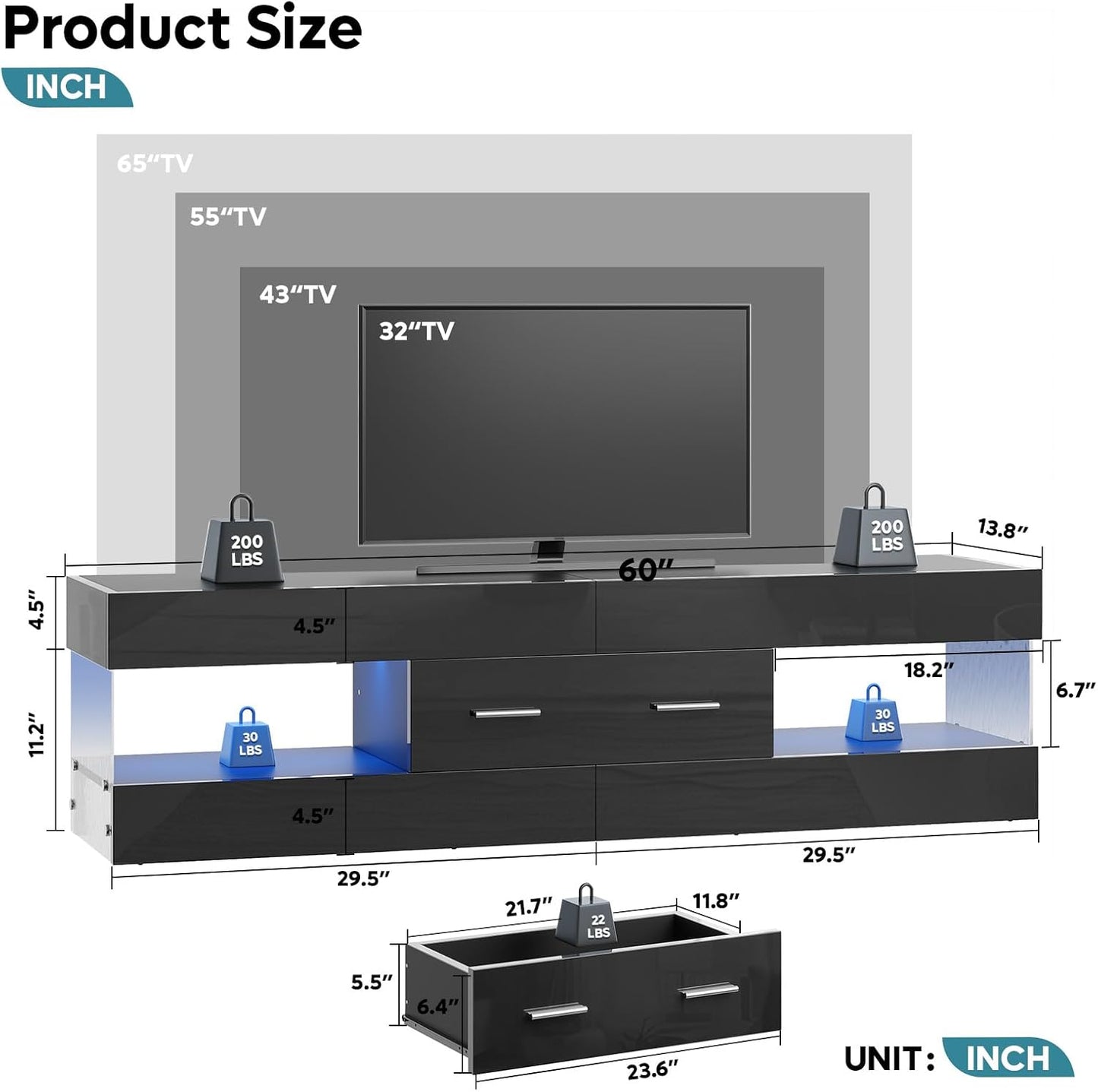 Black TV Stand for 55/60/65 Inch TV, High Gloss Modern TV Stand with Stone-Patterned Side Panels, LED Entertainment Center with Large Drawer, TV Consoles for Living Room, Bedroom