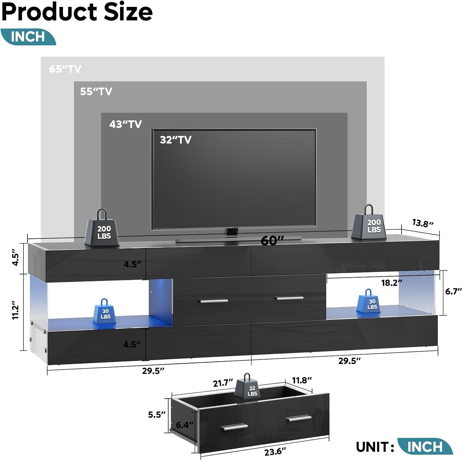 Black TV Stand for 55/60/65 Inch TV, High Gloss Modern TV Stand with Stone-Patterned Side Panels, LED Entertainment Center with Large Drawer, TV Consoles for Living Room, Bedroom