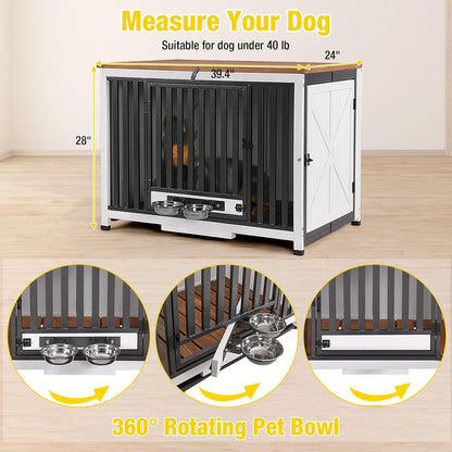 Dog Crate Furniture Foldable Side End Table Expandable Solid Wood Dog Kennel with 360° Rotatable Dog Bowls Indoor Cage, No Assembly Needed (Right Door Removable)