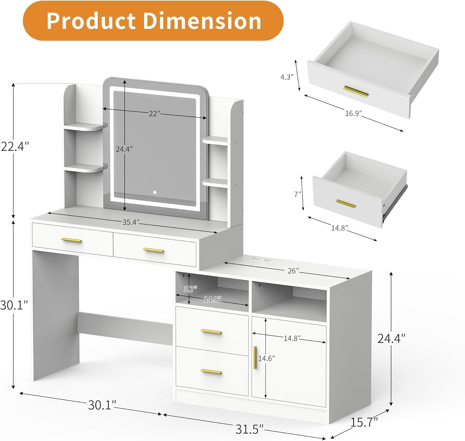 Vanity Desk with Mirror and Lights, 13 Storage Makeup Vanity with 4 Drawers and 8 Shelves, 62" Large Dresser Dressing Table with Power Outlet, 3 Lighting Modes, Silent Slides, White