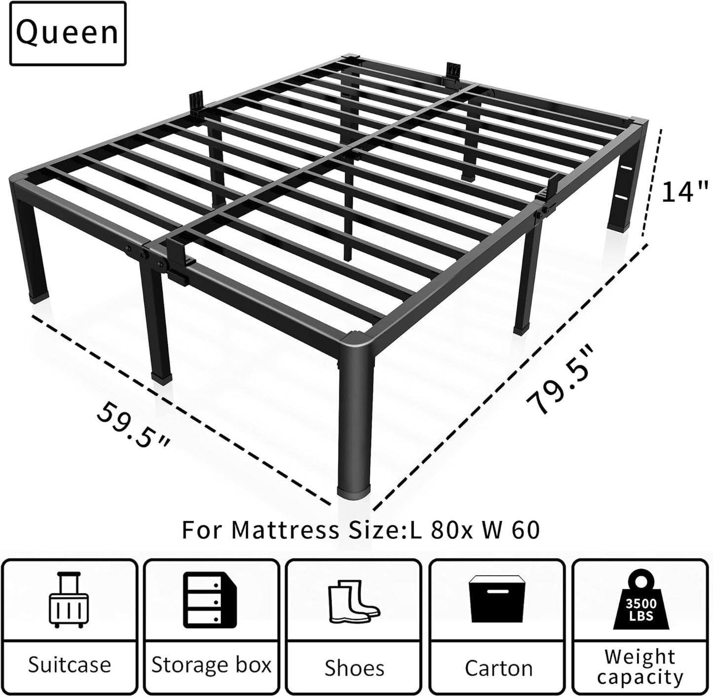 14 Inch Metal Queen Bed Frame with Rounded Corner and Headboard Hole Mattress Retainers 3500LBS Heavy Duty Steel Slats No Box Spring Needed Platform Noise-Free Easy Assembly