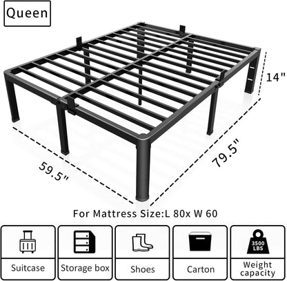 14 Inch Metal Queen Bed Frame with Rounded Corner and Headboard Hole Mattress Retainers 3500LBS Heavy Duty Steel Slats No Box Spring Needed Platform Noise-Free Easy Assembly