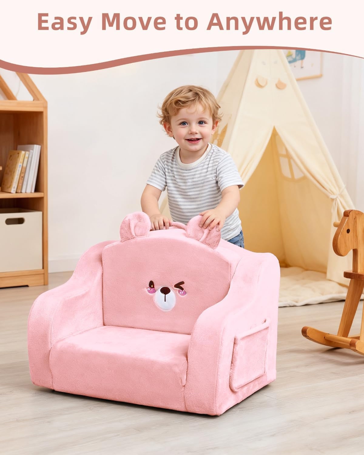 Kids Couch,Toddler Chairs Comfy 1-3 Years Old, 2-In-1 Soft Toddler Couches Fold Out,Convertible Sofa to Lounger for Girls and Boys,Cuddly Kids Floor Furniture for Playroom,Pink Bear