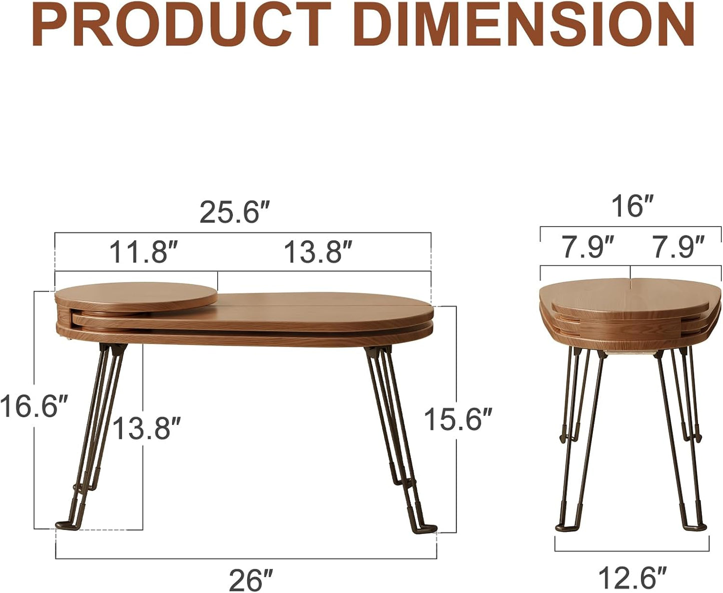 Solid Wood Small Coffee Table, Beetle Design, Full Assembly, Folding Coffee Table for Small Spaces, Portable Floor Table Furniture for for Garden, Balcony, Indoor or Outdoor Use (Walnut)
