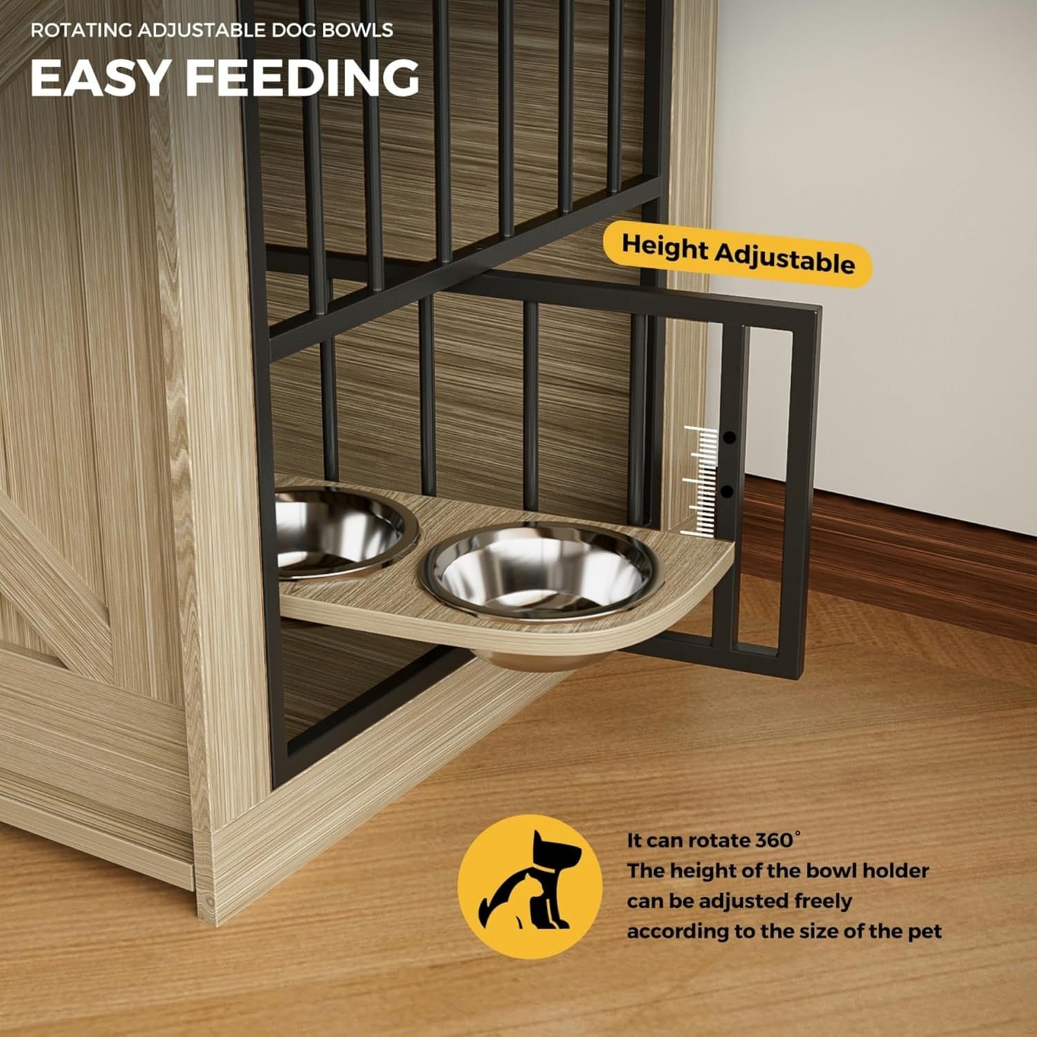 63" Double Dog Crate Furniture – Wooden Dog Kennel Indoor with Sliding Doors, Adjustable Bowls & Storage Drawers – Large Dog Crate TV Stand for 2 Dogs, Beige Wood Grain