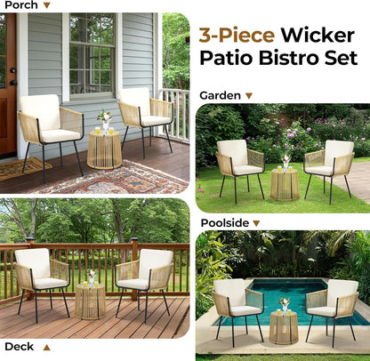 3 Piece Patio Rattan Bistro Set, Outdoor All Weather PE Wicker Conversation Furniture Set with 2 Chairs & Tempered Glass Top Table & Cushions, for Poolside/Porch/Garden/Yard, Tan/Cream