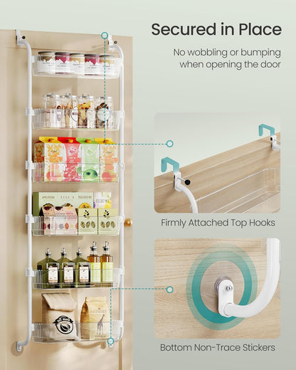 over the Door Pantry Organizer, 6-Tier Kitchen Pantry Door Organizer with Adjustable Tall Baskets, Hanging Spice Rack, for Bedroom Bathroom Laundry Room, Transparent UKCS046WG01