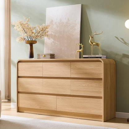 Modern 8 Drawers Dresser for Bedroom, 55" Wide Dressers & Chest of Drawers W/Curved Profile Design, Wood Mid Century Storage Dressers Organizer for Bedroom, Living Room, Natural Oak