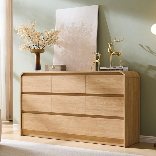 Modern 8 Drawers Dresser for Bedroom, 55" Wide Dressers & Chest of Drawers W/Curved Profile Design, Wood Mid Century Storage Dressers Organizer for Bedroom, Living Room, Natural Oak
