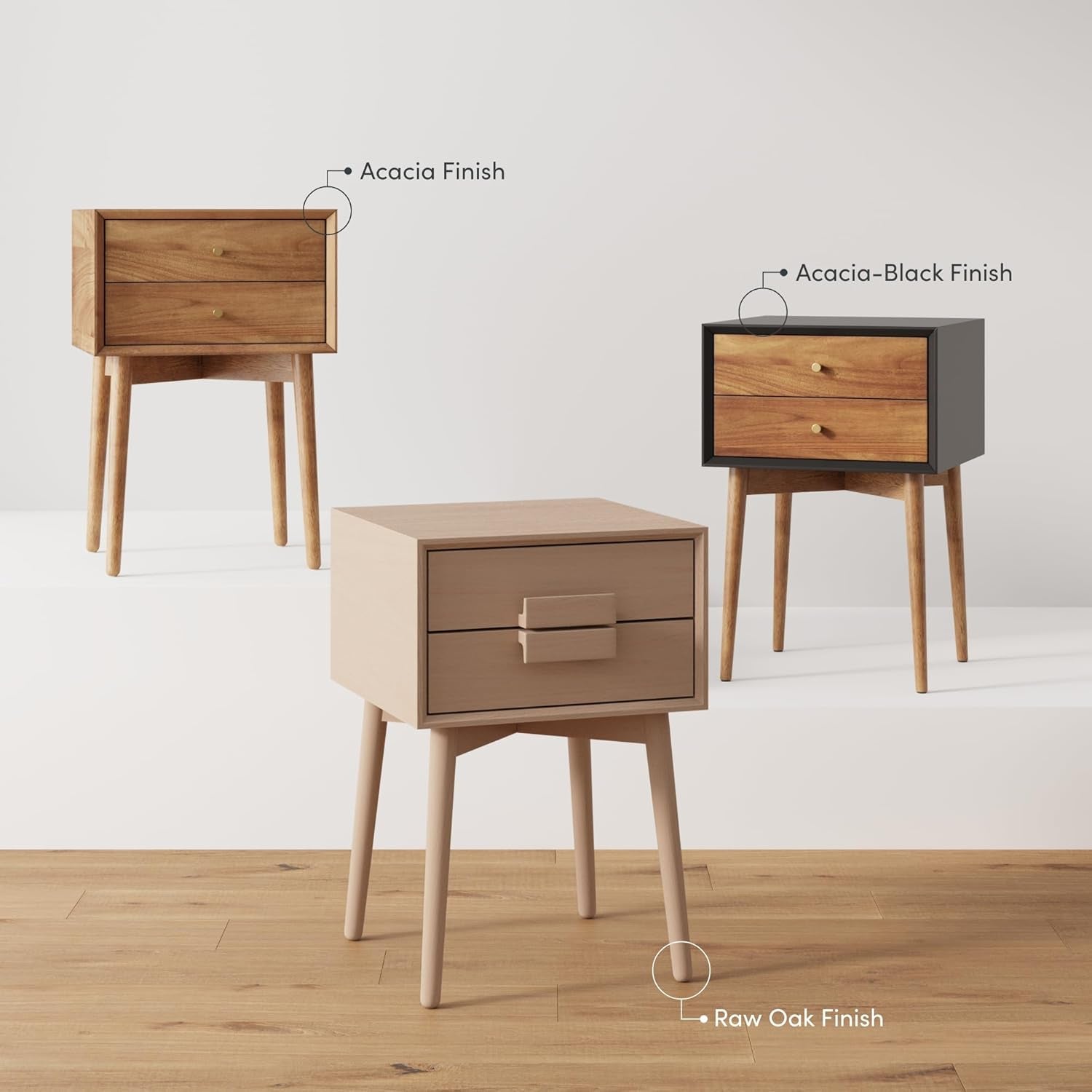 Harper 2-Drawer Mid Century Modern Nightstand, Solid Wood Nightstand in Raw Oak