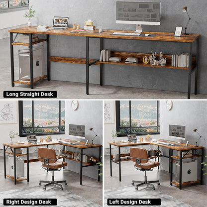L Shaped Computer Desk with Magic Power Outlets and USB Charging Port, Sturdy Reversible Corner Desk with Storage Shelves, Modern Work Desk for Home Office, Easy to Assemble, Rustic Brown