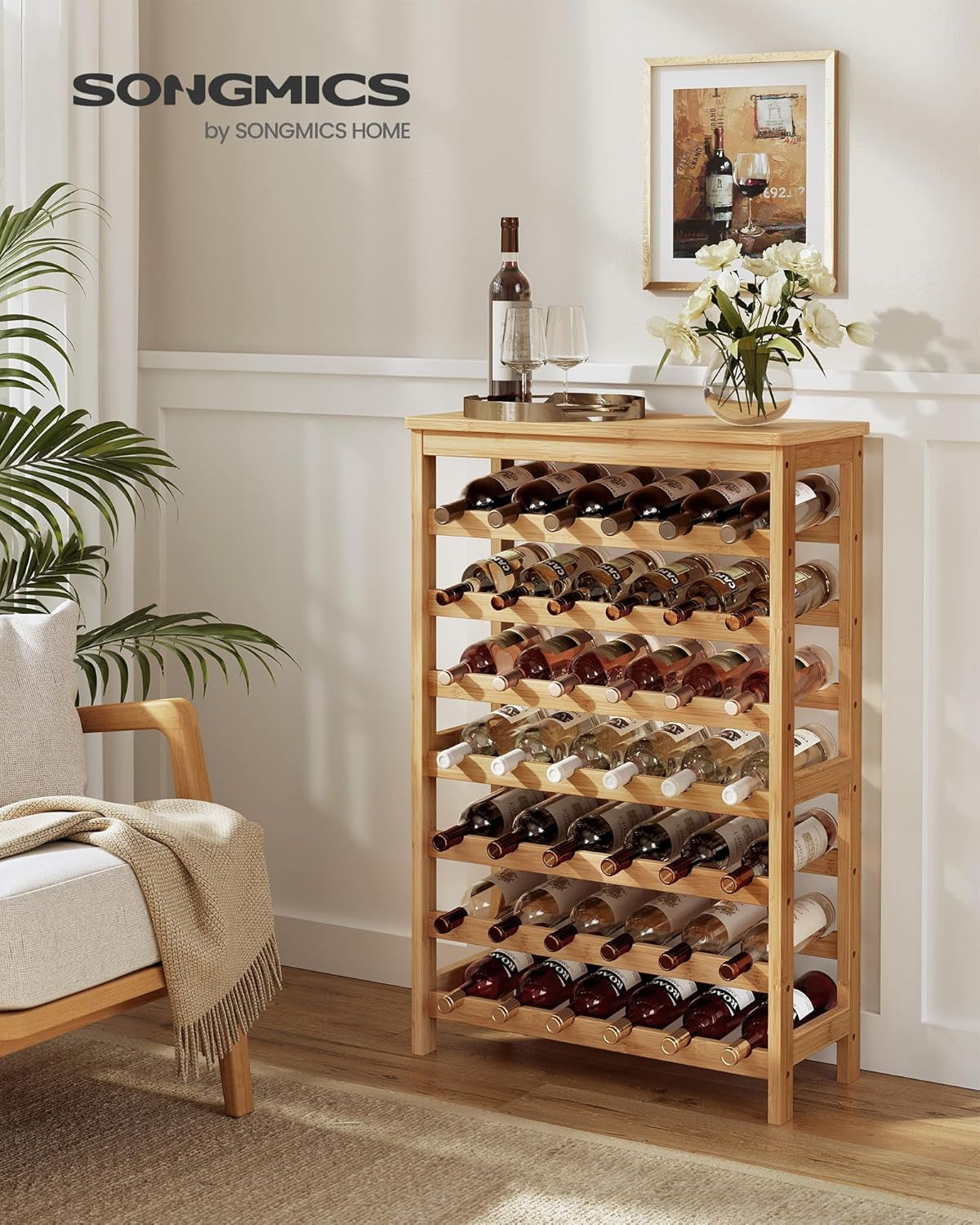 42-Bottle Wine Rack Free Standing Floor, 7-Tier Display Wine Storage Shelves with Table Top, Bamboo Wobble-Free Bottle Holder for Kitchen Bar Dining Room Living Room, Natural UKWR27NL