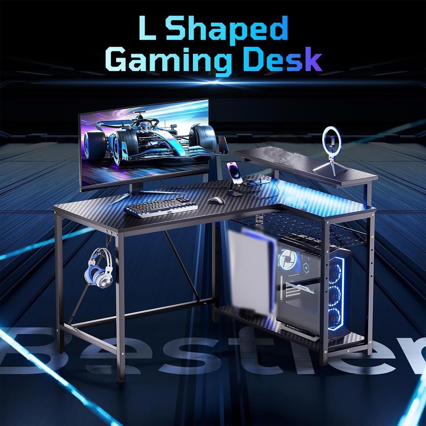 Gaming Desk with Power Outlets, 42" L-Shaped Computer Desk with LED Lights, Desk with Reversible Storage Shelves & Hooks for Small Spaces, Bedrooms & Offices, Black Carbon Fiber