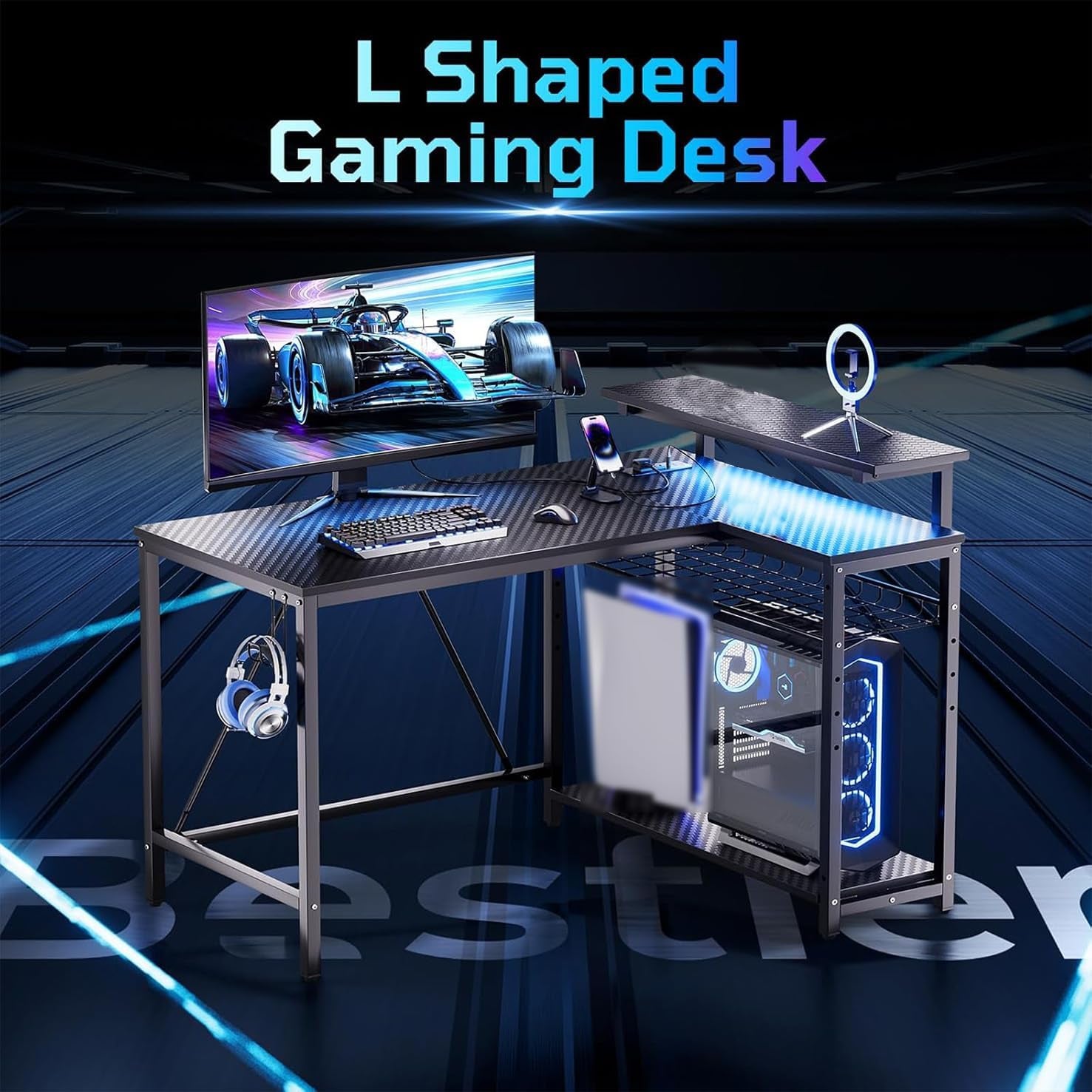 Gaming Desk with Power Outlets, 42" L-Shaped Computer Desk with LED Lights, Desk with Reversible Storage Shelves & Hooks for Small Spaces, Bedrooms & Offices, Black Carbon Fiber