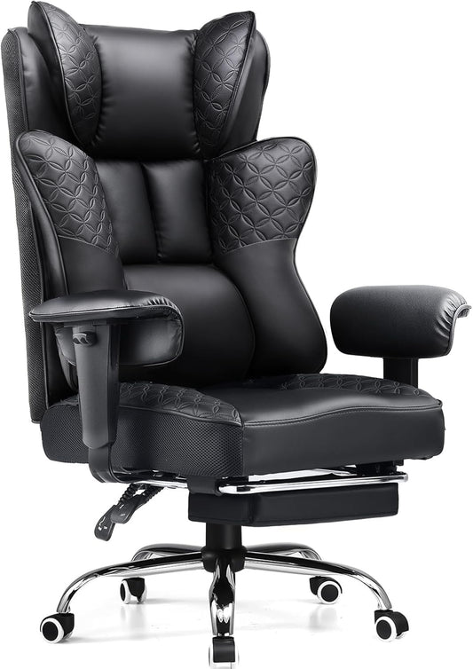Big and Tall Office Chair 400LBS Wide Ergonomic Gaming Chair with Deluxe Embossing Designed Leather with Foot Rest,150°Reclining Adjustable Soft Armrests Pocket Spring Back Support and Pillow