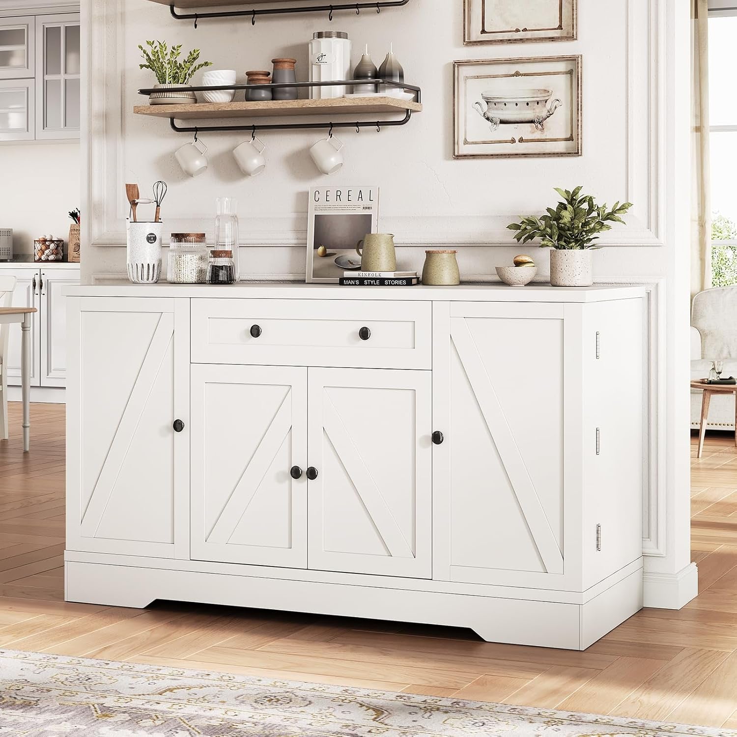 55" Buffet Cabinet with Storage, Kitchen Buffet Sideboard with Pull-Out Shelves and Drawer, Wood Farmhouse Coffee Bar Cabinet with 4 Adjustable Shelves, Kitchen Pantry for Living Room, White