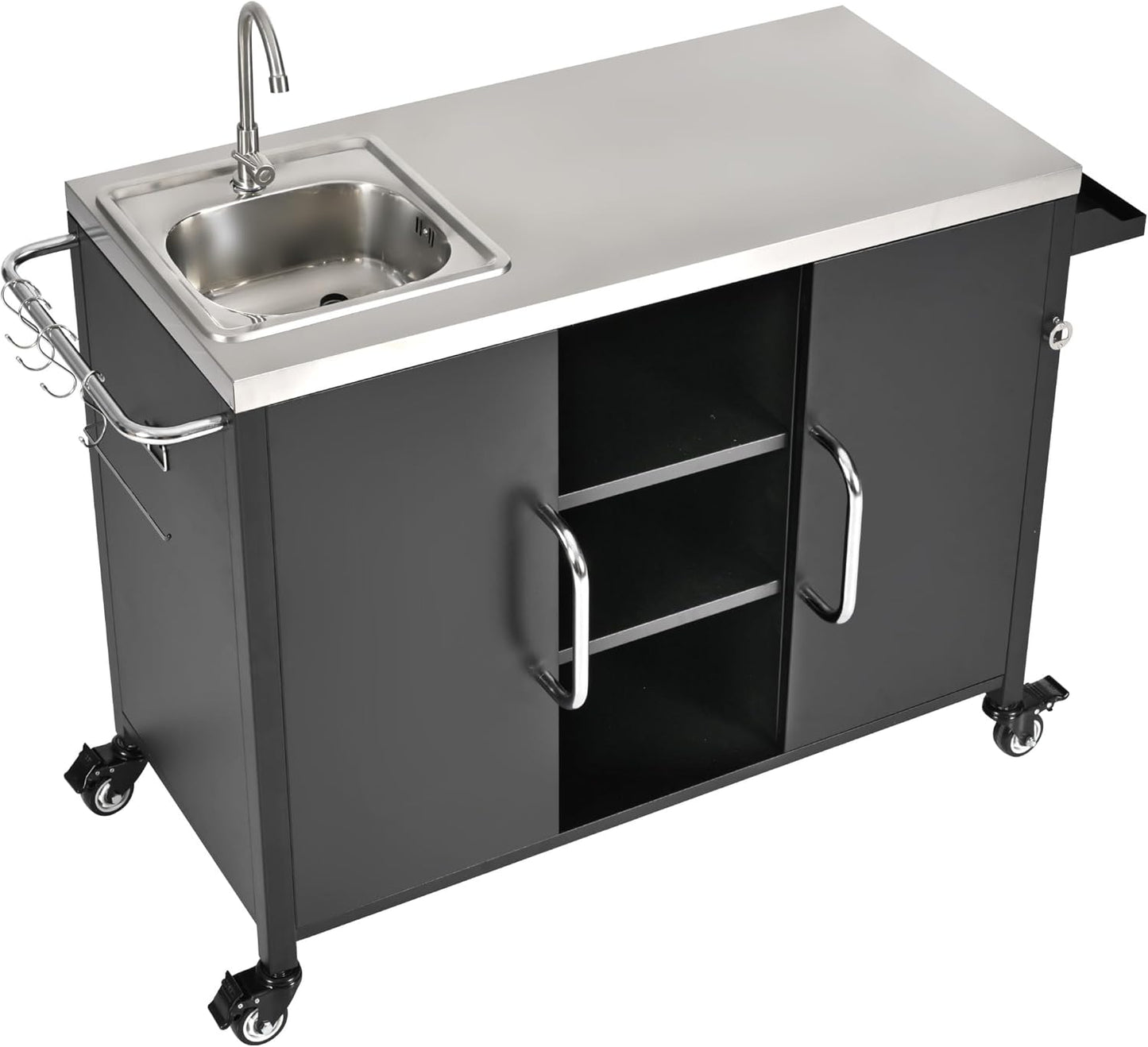 55.5" Outdoor Kitchen Island with Stainless Steel Sink, Outdoor Bar Cart Sink Station with 4 Lockable Wheel for Pizza Prep & BBQ Black