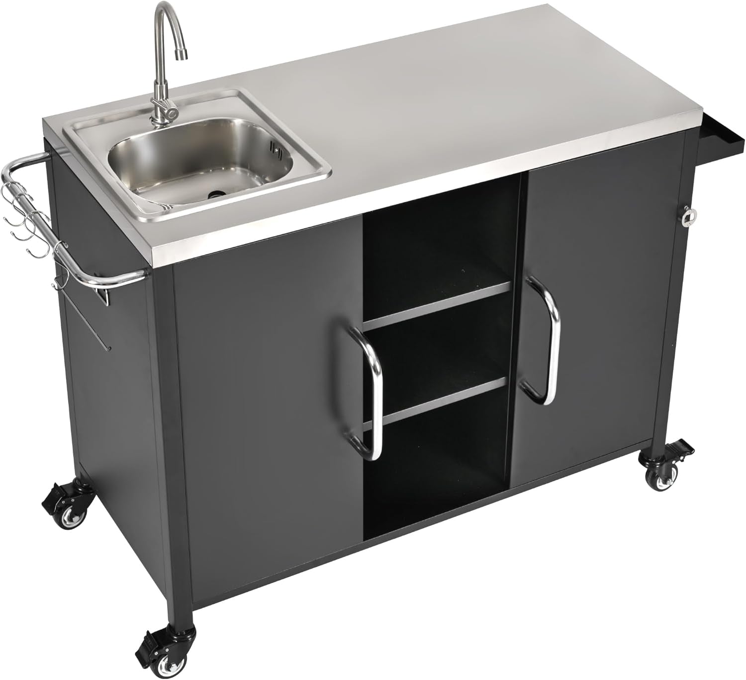 55.5" Outdoor Kitchen Island with Stainless Steel Sink, Outdoor Bar Cart Sink Station with 4 Lockable Wheel for Pizza Prep & BBQ Black