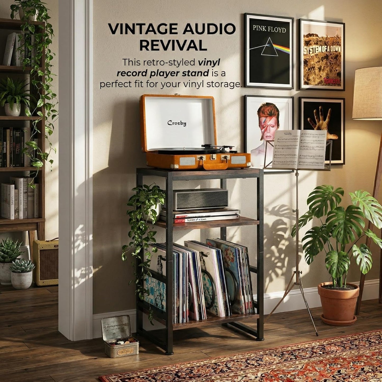Record Player Stand,3-Tier Record Player Table with U-Shaped Vinyl Storage up to 120 Albums,28" H End Table Turntable Stand with Storage,Record Table Vinyl for Living Room Bedroom