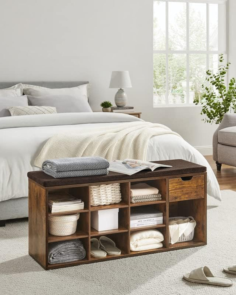 CUSTOS Collection - Shoe Bench, Storage Bench with Padded Seat, Entryway Bench with 15 Compartments, for Bedroom, 11.8 X 40.9 X 18.9 Inches, Heather Greige and Cappuccino Beige ULHS024K02