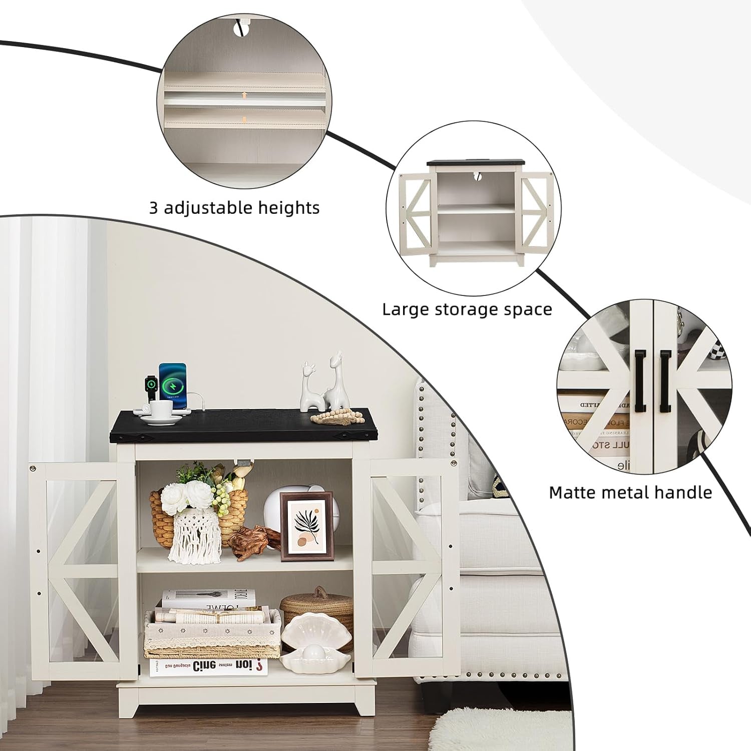 Farmhouse Coffee Table Sets 3 Pieces, Large End Side Tables with Charging Station and Coffee Table with Hidden Storage Compartment, White Living Room Table Set, Wood Furniture Sets for Home Office