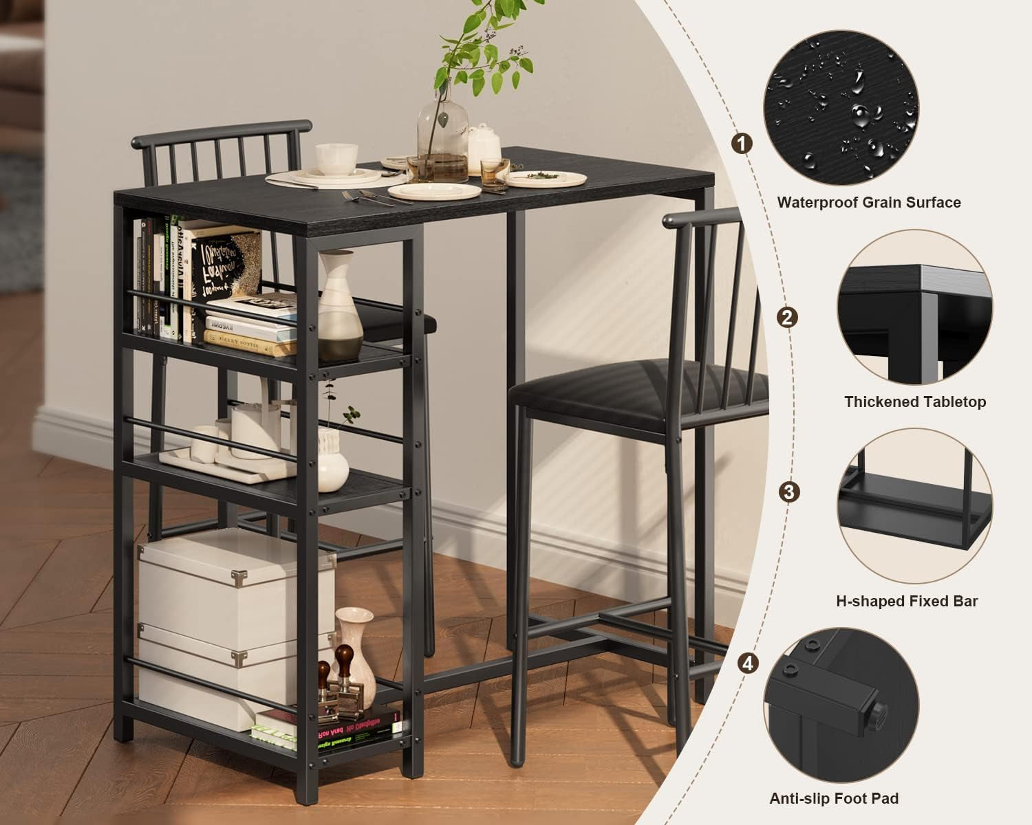 Dining Table Set for 2 with 3 Storage Shelves, Kitchen Table and Chairs for 2 with Pu Cushion Chairs & Thick Wood Top, 3 Piece Dining Table Set for Small Space, Apartment - Black