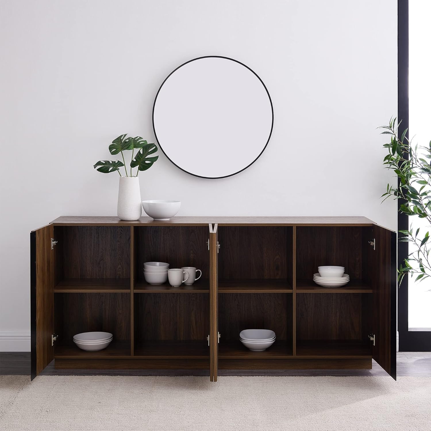Liss Contemporary 4-Door Minimalist Sideboard, 70 Inch, Dark Walnut