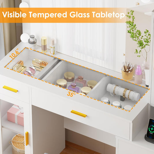 49.2" Large Vanity Desk with Mirror and Lights,White Makeup Vanity Table with Glass Top,Stool,Makeup Desk with Power Outlet,5 Drawers,Nightstand,Dressing Table for Bedroom Women FST34W