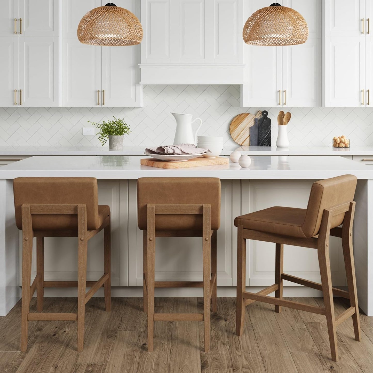 Faux Leather Counter Height Bar Stools Light Brown (Set of 3)