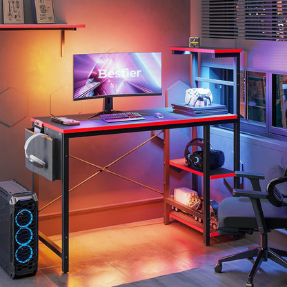Gaming Desk with LED Lights, 44 Inch PC Gamer Desk for Small Spaces, Computer Desk with Reversible Storage Shelves & Side Storage Bag (Black 3D Carbon Fiber)