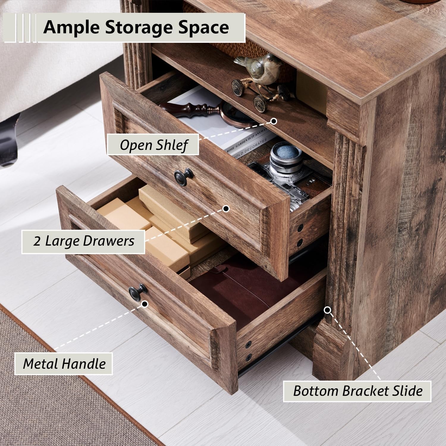 26" Tall Nightstand with Charging Station, Farmhouse 23.6" Wide Large End Table W/Roman Column, Wood Rustic Side Table W/Open Shelf, 2 Drawers Dresser for Bedroom, Living Room, Light Brown