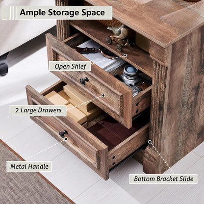 26" Tall Nightstand with Charging Station, Farmhouse 23.6" Wide Large End Table W/Roman Column, Wood Rustic Side Table W/Open Shelf, 2 Drawers Dresser for Bedroom, Living Room, Light Brown