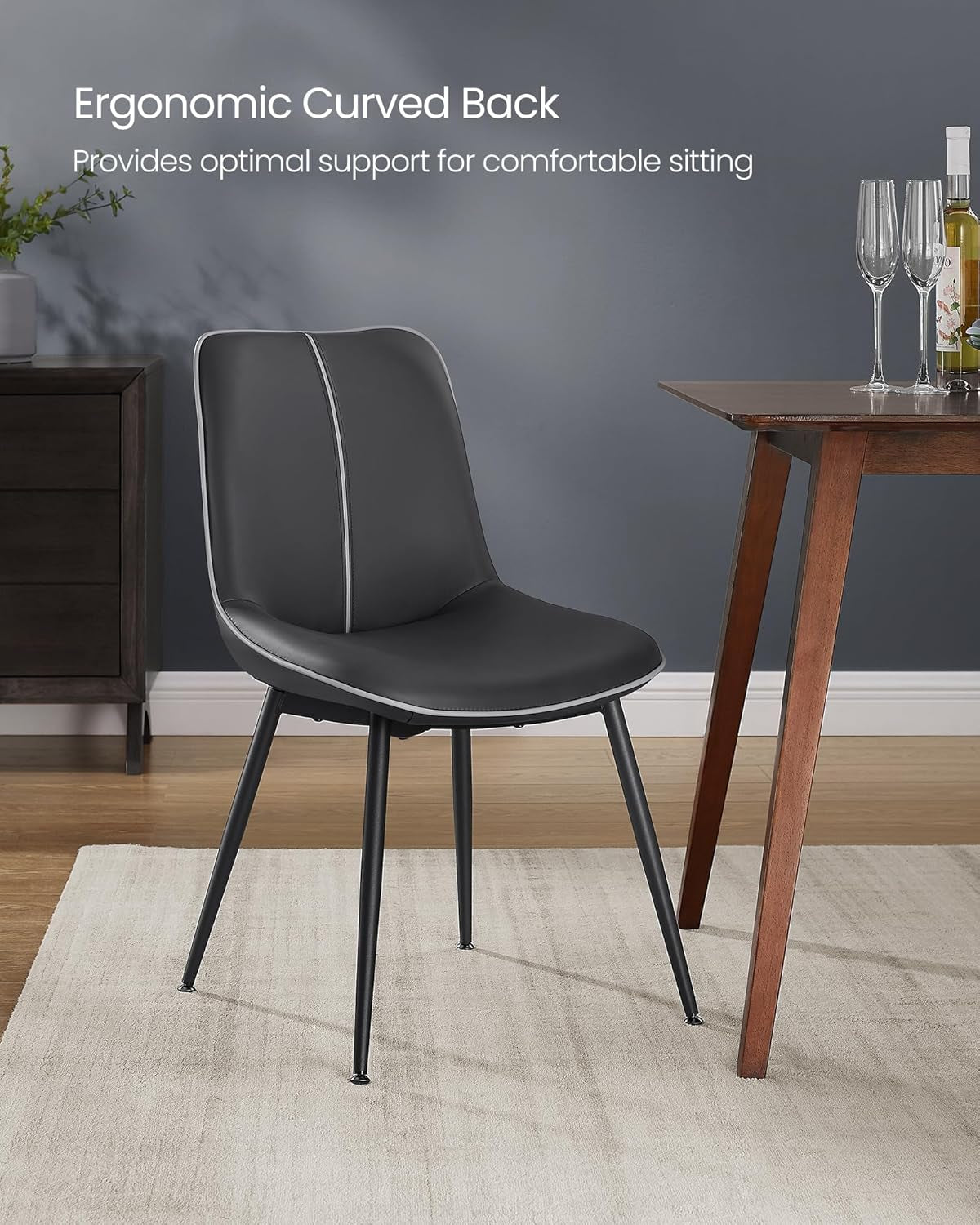 Leather Dining Chairs Set of 4, Comfortable Upholstered Seat Dining Room Chairs with Swivel Leveling Feet, Curved Backrest Kitchen Chair for Living, Restaurant, Easy Assemble, Ink Black